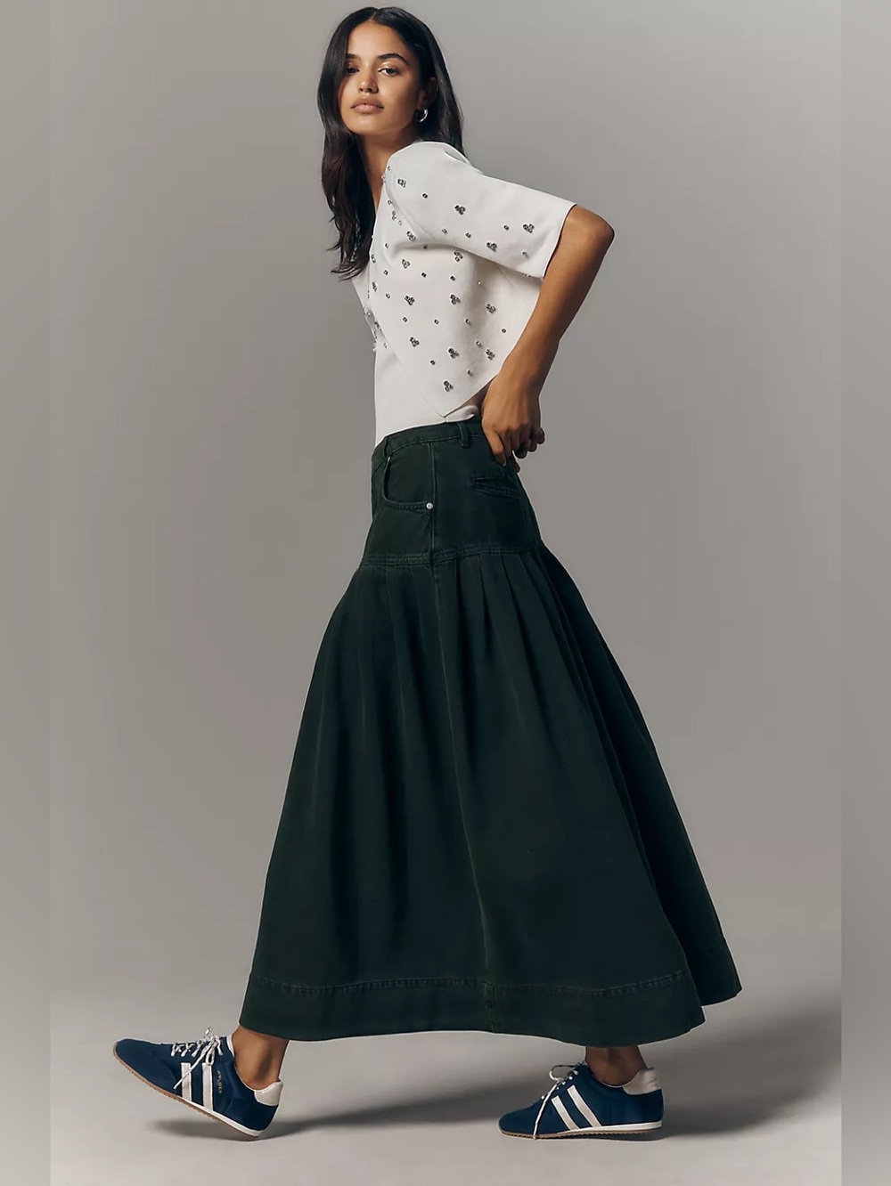 NWT Size 2 - Pilcro Pleated Basque-Waist Denim Midi Skirt Cotton MOSS (US$ 158)
